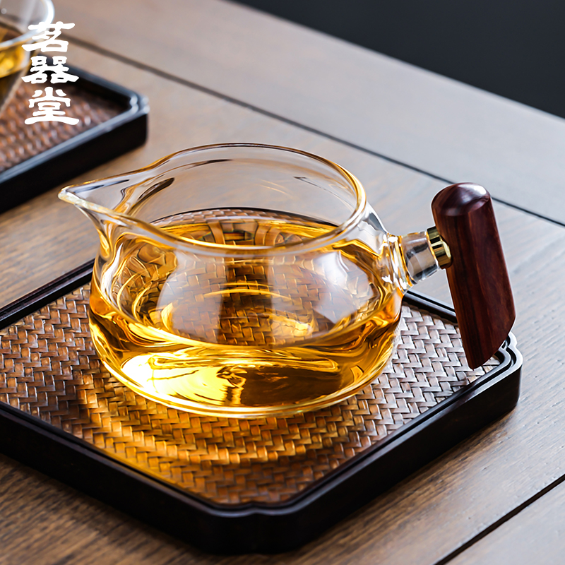 茗器堂加厚耐热木把玻璃公道杯功夫茶过滤分茶器茶漏一体套装茶具