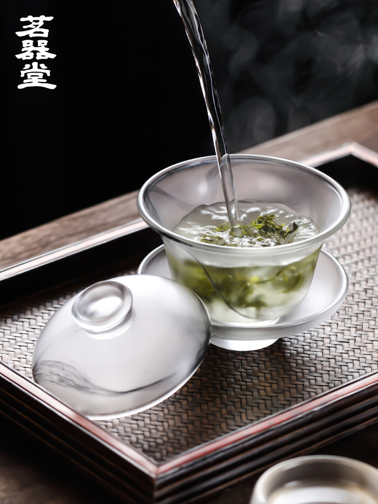 茗器堂水墨琉璃盖碗单个功夫茶碗带盖三才大号茶杯陶瓷家用泡茶具