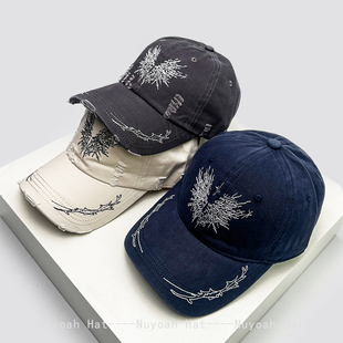 春夏新款美式破洞风刺绣破损之翼荆棘棒球帽子男女遮阳复古鸭舌帽