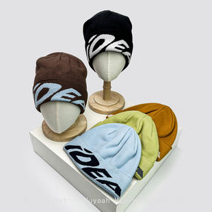 秋冬新款 冷帽套头帽 户外登山提花iDEA字母针织帽子男女保暖美式