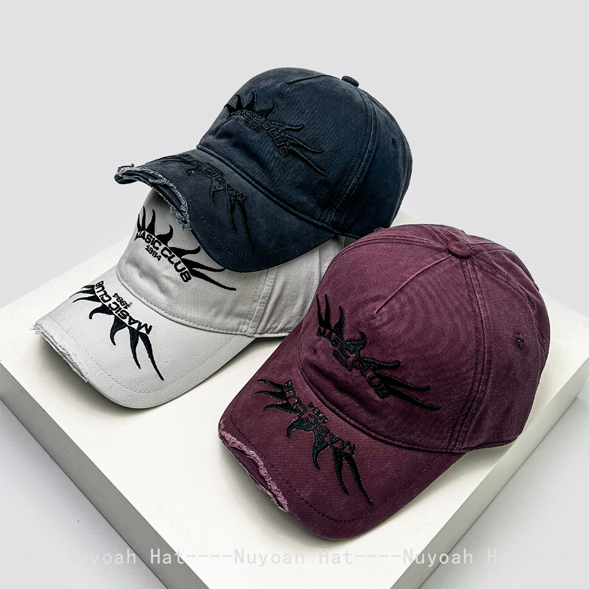 春夏新款美式复古火焰字母刺绣棒球帽子男女遮阳破洞风个性鸭舌帽