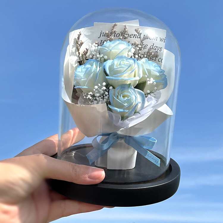 日本进口玻璃罩永生花浪漫母亲节生日礼物碎冰蓝香皂花摆件永生花