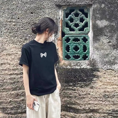 港风chic蝴蝶结短袖t恤女正肩2024夏季新款纯棉宽松显瘦气质上衣