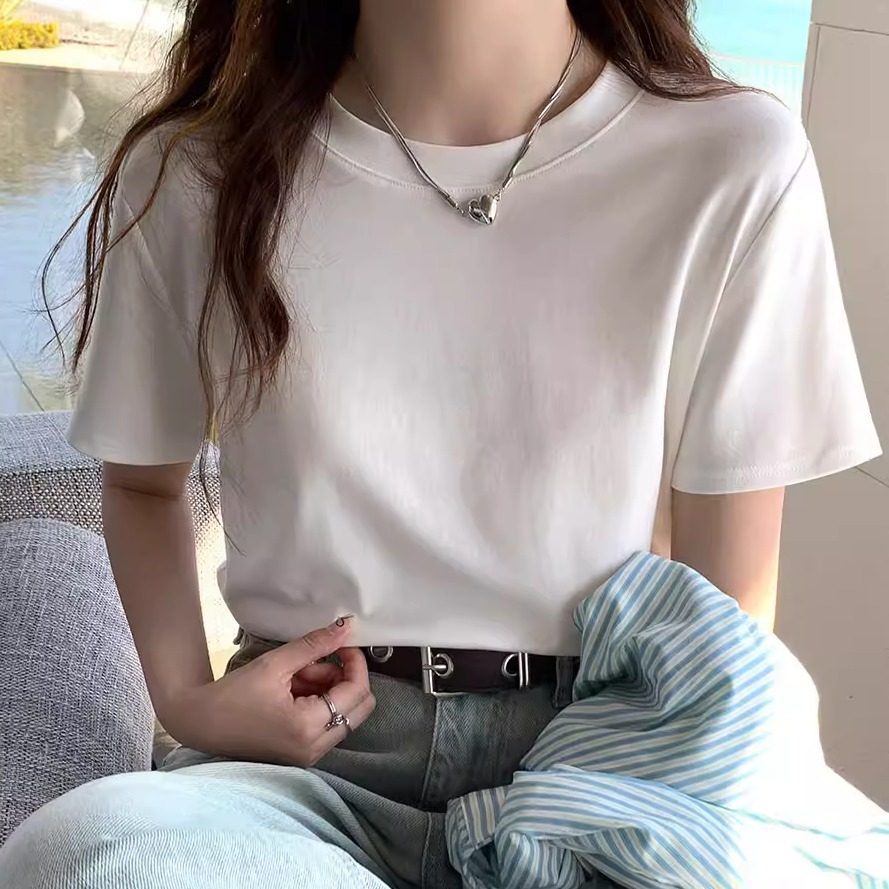 白色t恤女短袖夏季2025新款圆领棉质打底衫内搭修身正肩半袖上衣
