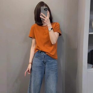 2026新款高级感正肩短袖t恤女夏日新款独特漂亮超好看橘色上衣服