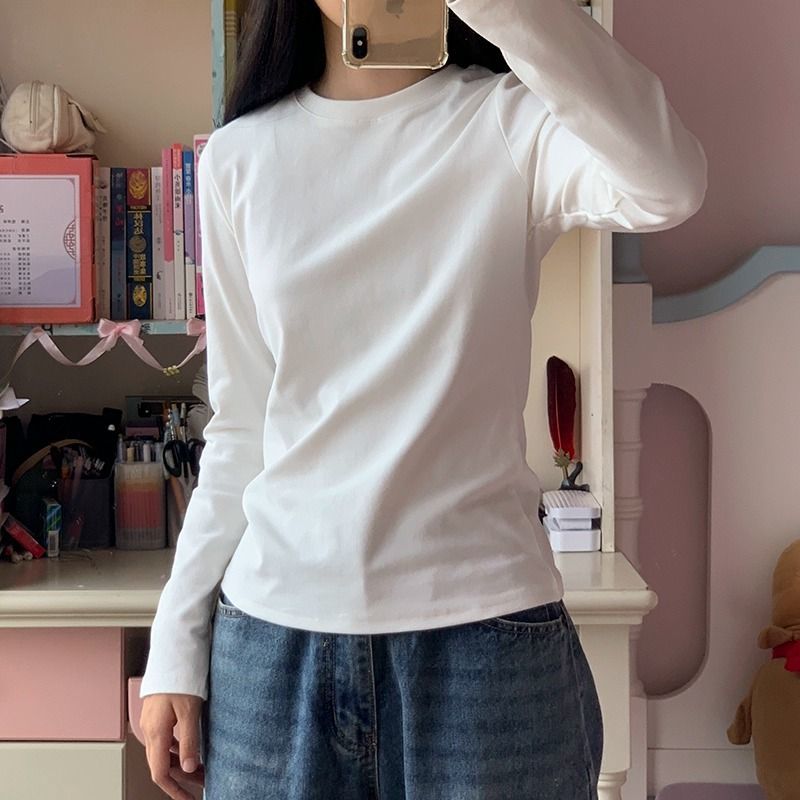 正肩白色棉质卡腰长袖t恤女内搭秋冬新款简约基础爆款打底小衫ins
