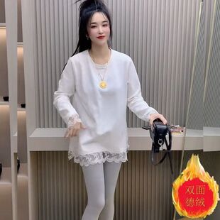 秋冬新款加绒加厚蕾丝拼接长袖T恤女设计感中长款宽松内搭打底衫