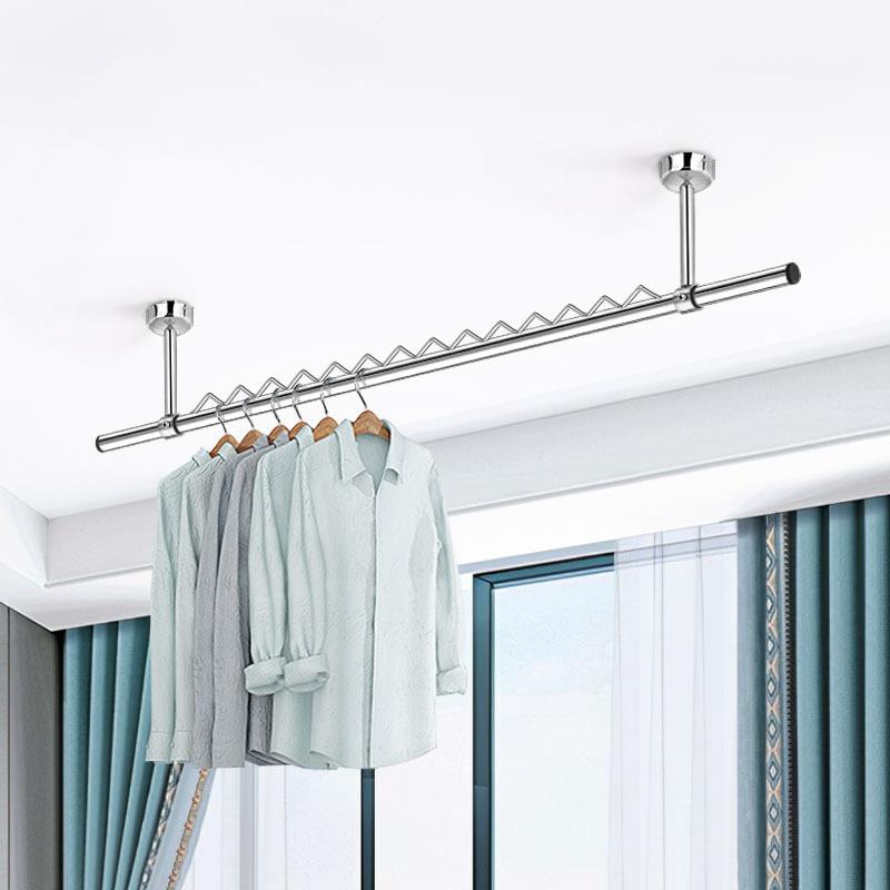 ZQ晾衣杆阳台顶装固定晾衣架304不锈钢晒衣单杆挂杆防风波浪可