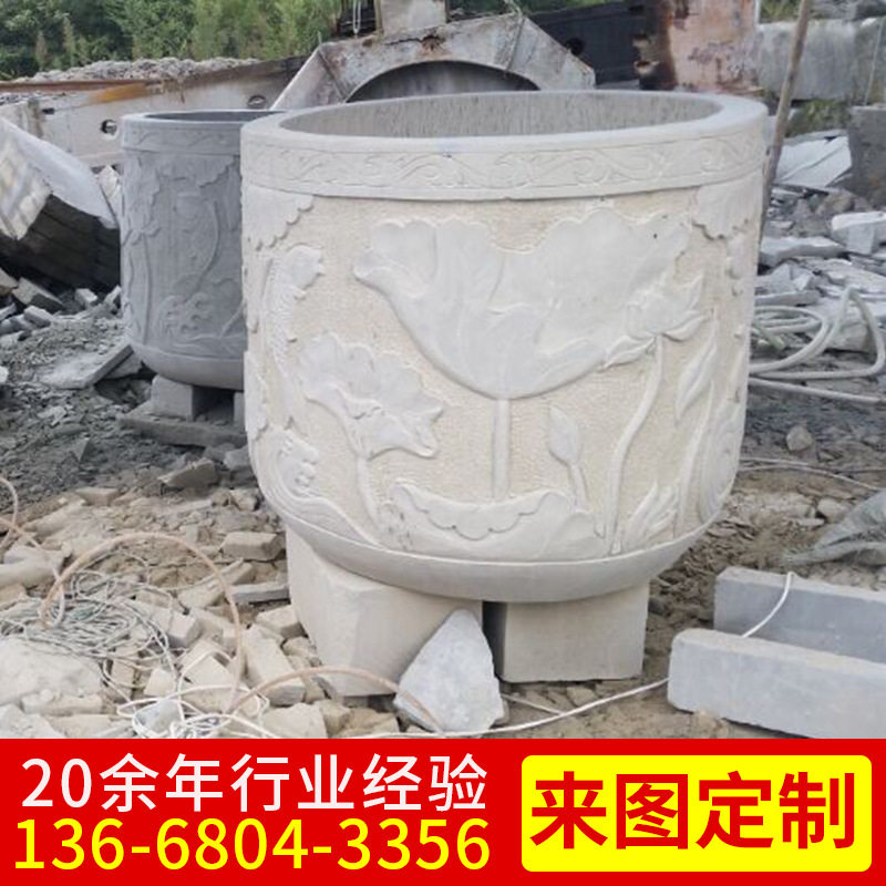 仿古青石圆形石雕水缸纯手工