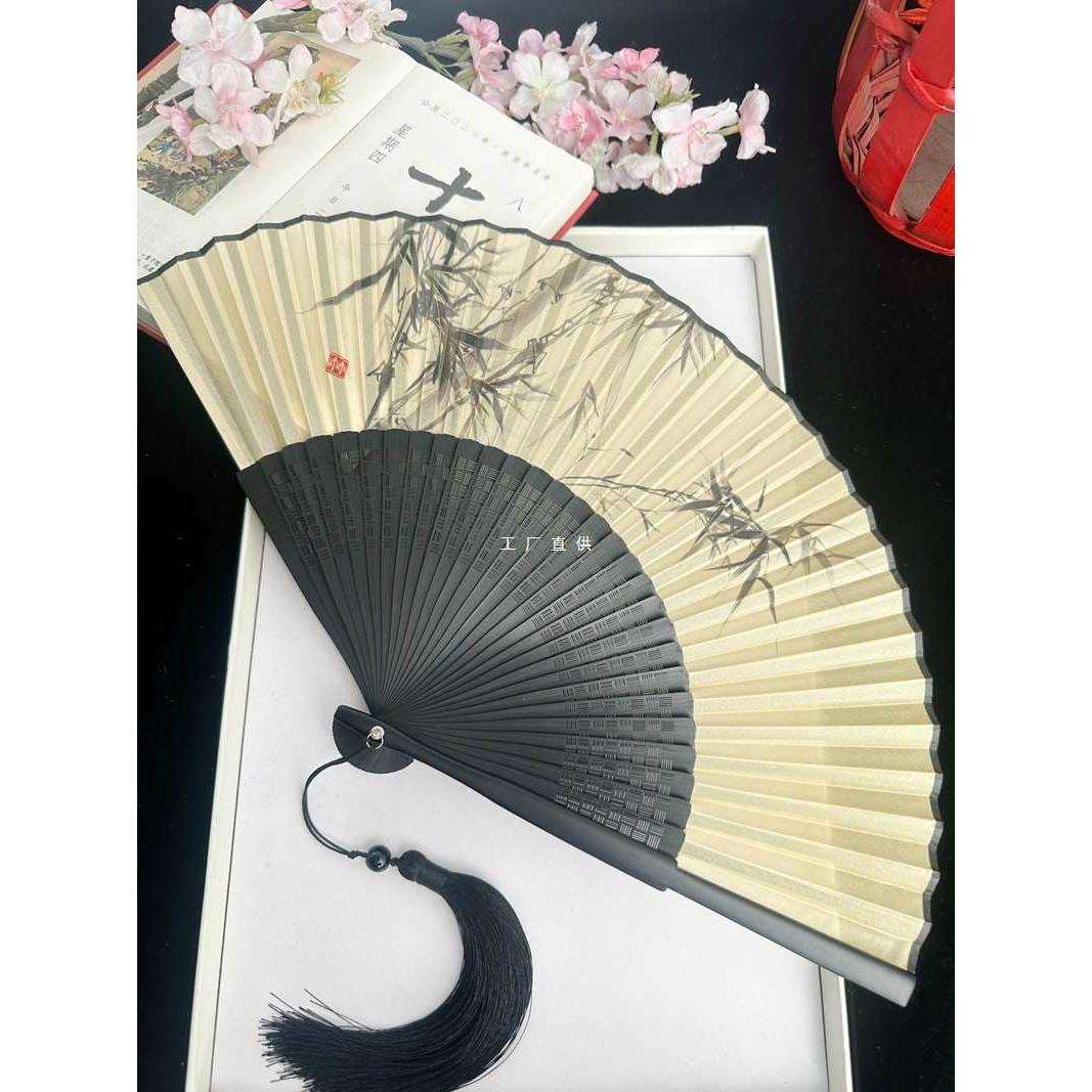 古典折扇子风黑白水墨风古风女式折叠随身7寸手绘真丝竹男士
