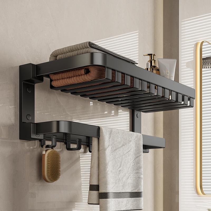 黑色卫生间毛巾架免打孔双层折叠浴室浴巾置物架厕所洗手间收纳架