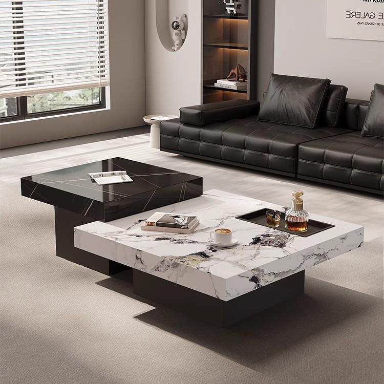 意式极简岩板方形茶几组合轻奢小户型客厅家用悬浮高矮大理石茶几