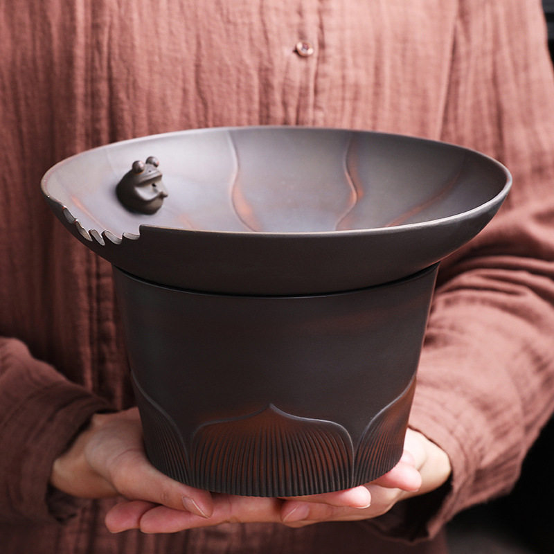 紫陶茶渣缸特大号过滤茶渣桶带盖式创意复古特色茶洗茶盅水孟建水