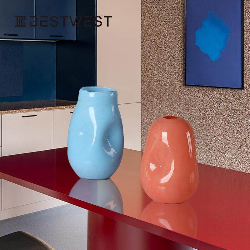 Bestwest彩色春笋不规则按坑水培玻璃花瓶摆件家居软装饰品花