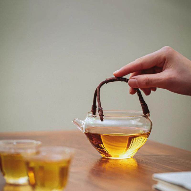 高端复古手工玻璃藤编提梁泡茶碗公道杯绿茶冷泡壶日式小茶壶公杯