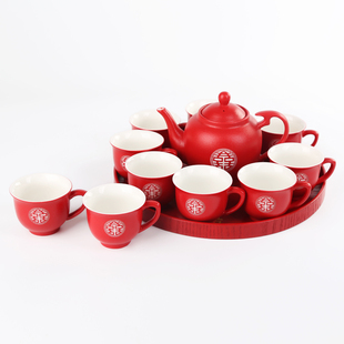 结婚茶具套装 新品 陶瓷红色敬茶杯茶壶改口茶杯婚庆陪嫁红茶具礼盒