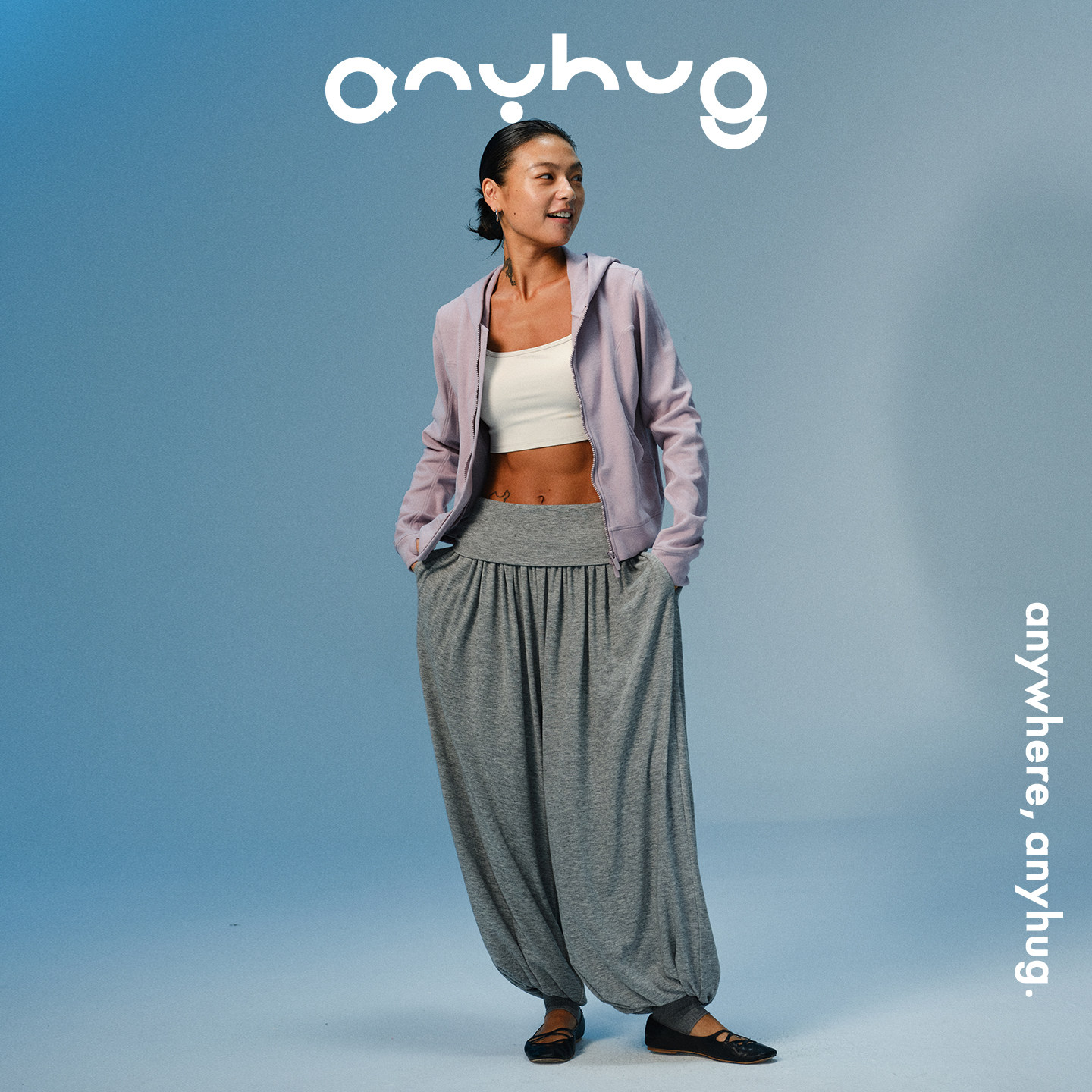 AnyHug 灰色中低腰灯笼裤女秋冬休闲垂感褶皱宽松健身瑜伽束脚裤