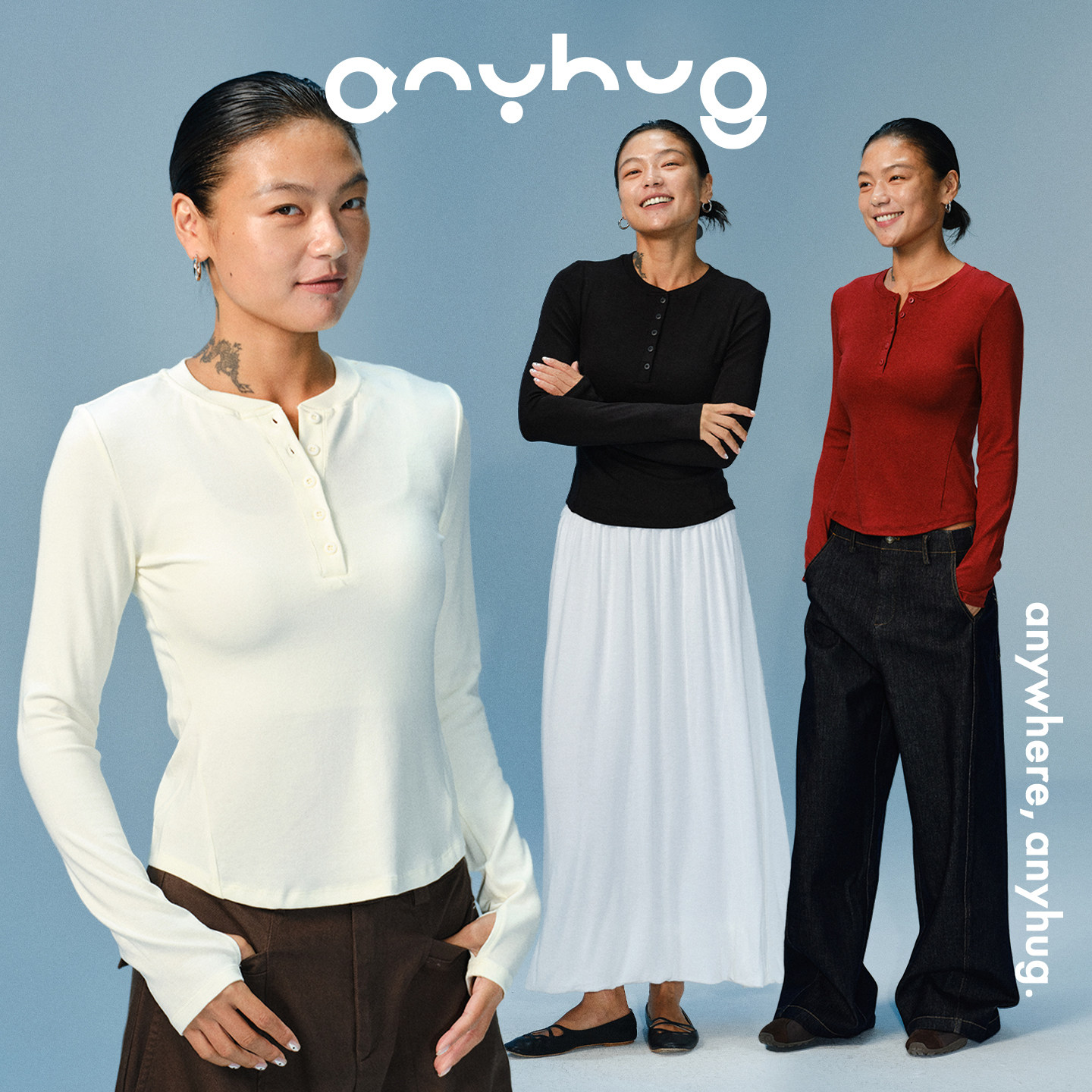 AnyHug 羊毛亨利领打底衫女秋冬修身显瘦长袖T恤基础舒适内搭上衣