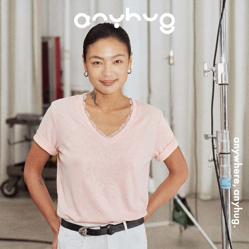 AnyHug肌肤之花棉麻V领短袖T恤女夏装设计感蕾丝休闲百搭修身上衣