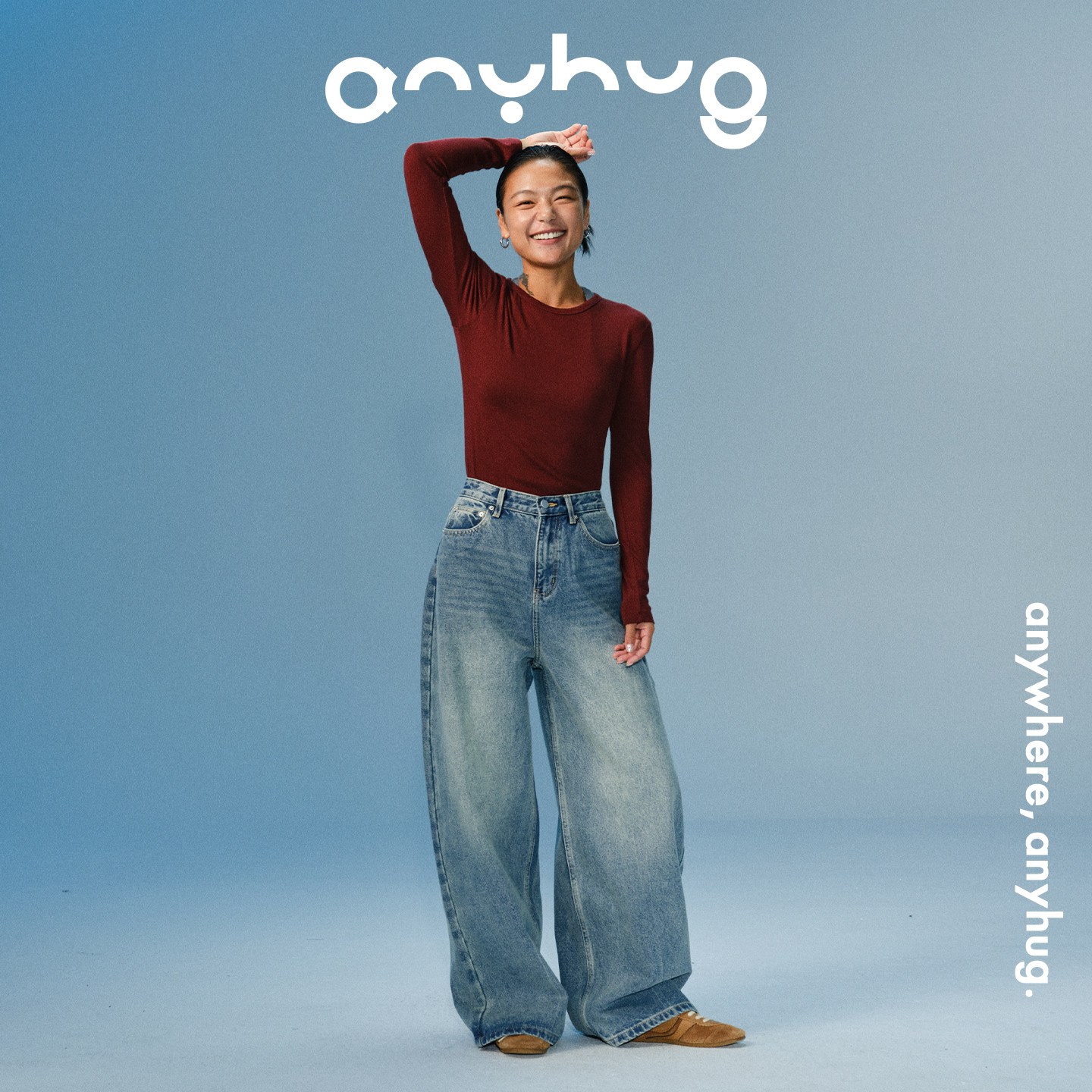 AnyHug 廓形复古牛仔裤女秋冬阔腿宽松直筒裤子水洗做旧休闲长裤