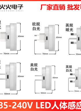AC85-240V LED人体感应灯 欧规美规英规插头小夜灯卧室走廊卫生间