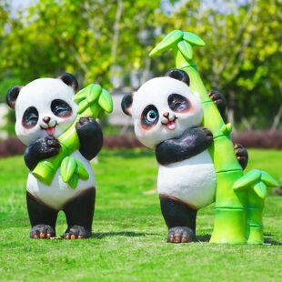 园林卡通熊猫雕塑玻璃钢竹子户外草坪景区商场小区景观装 饰品摆件
