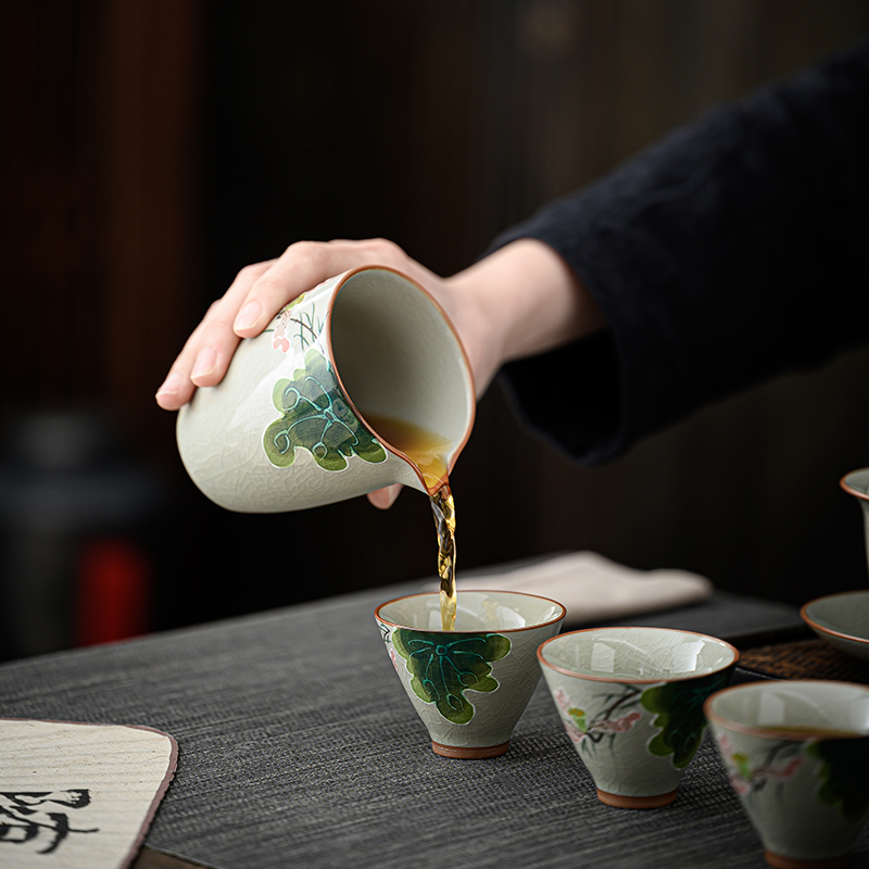 复古冰片釉手绘粉荷花公道杯陶瓷功夫茶具家用泡茶分茶器茶海匀杯