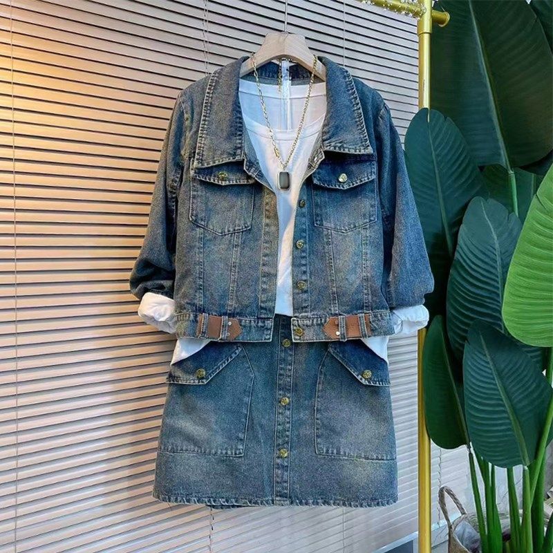 大码女装翻领牛仔外套宽松短裙时尚两件套加肥净版长袖打底T恤衫,女装/女士精品,大码套装,淘宝优惠券,粉丝福利购,淘宝优惠卷