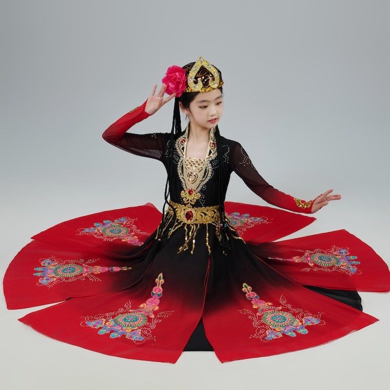 新疆舞蹈演出服维吾族舞蹈裙大裙摆儿童少数民族古丽女童表演服装