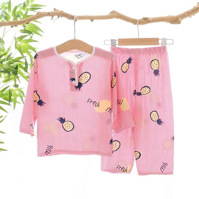 夏季儿童纯棉绸睡衣男童女童宝宝家居服套装孩绵绸夏天薄款空调服