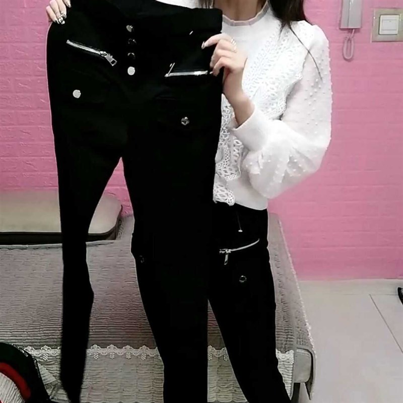 黑色多纽扣设计感拉链小脚牛仔裤2024春季新款高腰弹力紧身铅笔裤