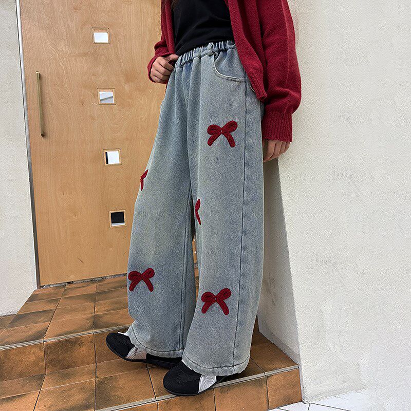 胖女童加绒牛仔裤儿童冬装加肥加大偏胖女孩直筒裤一体绒高腰裤子