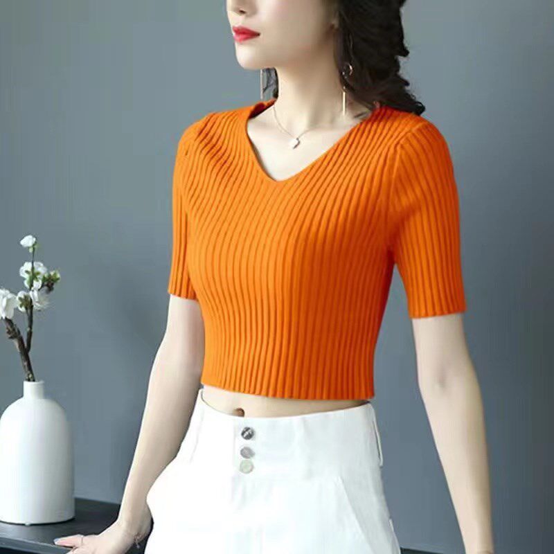 高腰短袖针织衫女2024夏季新款V领薄款修身显瘦短款打底衫t恤上衣
