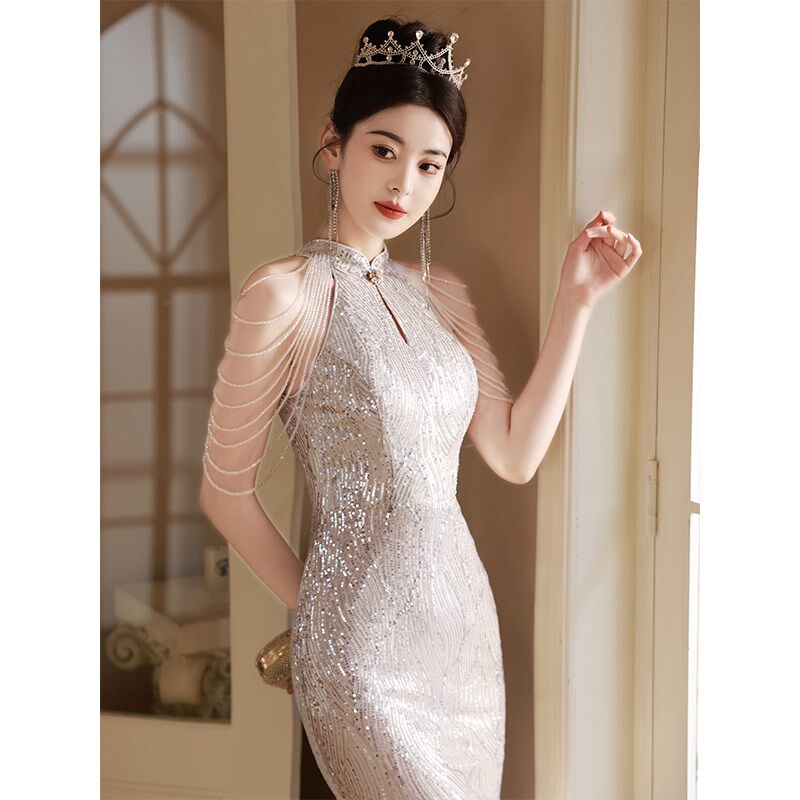 香槟色晚礼服裙女新娘订婚敬酒服宴会高级轻奢鱼尾亮片主持人气质