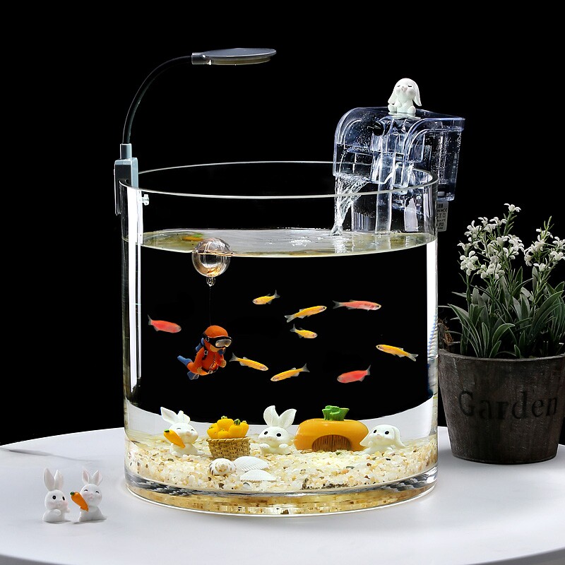 超白加厚玻璃圆柱缸免换水海绵宝造景客厅家用小型办公桌面斗鱼缸