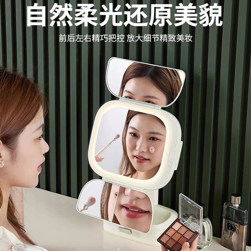 新疆包邮化妆镜梳妆台LED补光带灯收纳盒一体台式网红放大补装镜