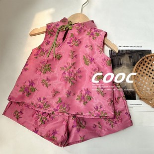旗袍套裝 夏季 女童粉色新中式 女寶寶國風(fēng)漢服兩件套清涼感夏裝 新款