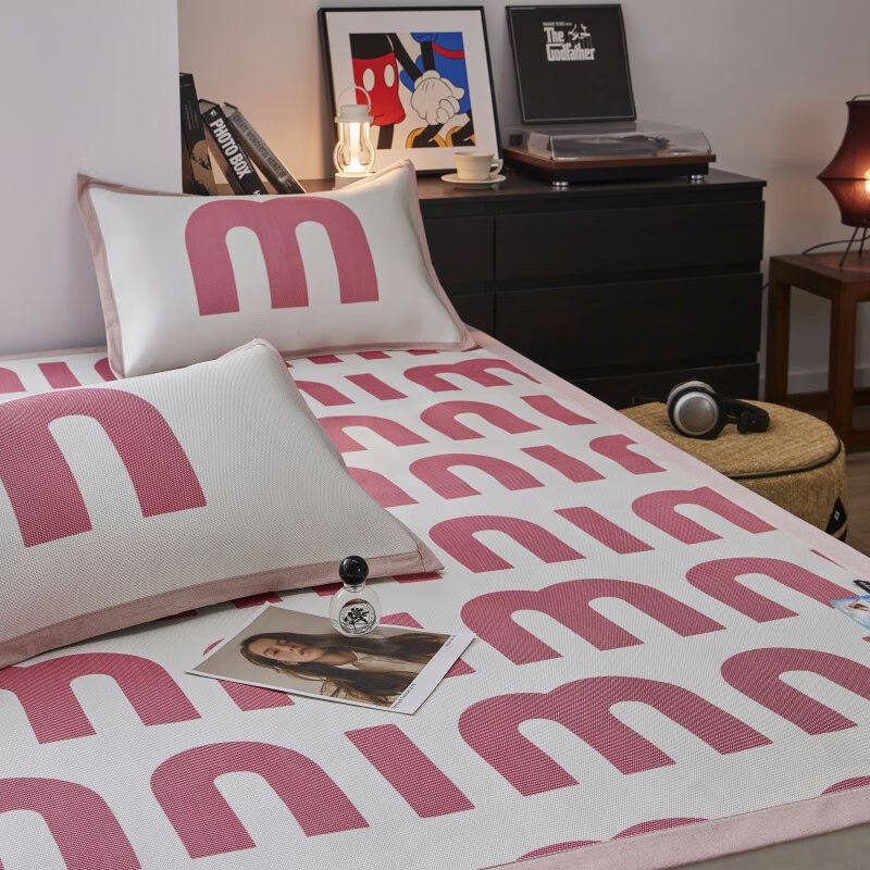 凉席1.8x2米冰藤席三件套可水洗折叠席子可机洗夏凉垫床罩单粉白M