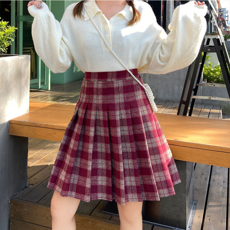 毛呢格子半身裙中裙女秋冬2021新款大码高腰A字百褶裙子学生半裙