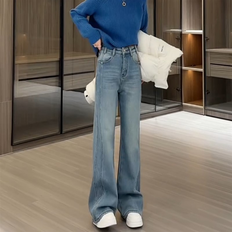 今年流行窄版简约牛仔裤子2024年秋冬新款加绒高腰显瘦宽松阔腿裤