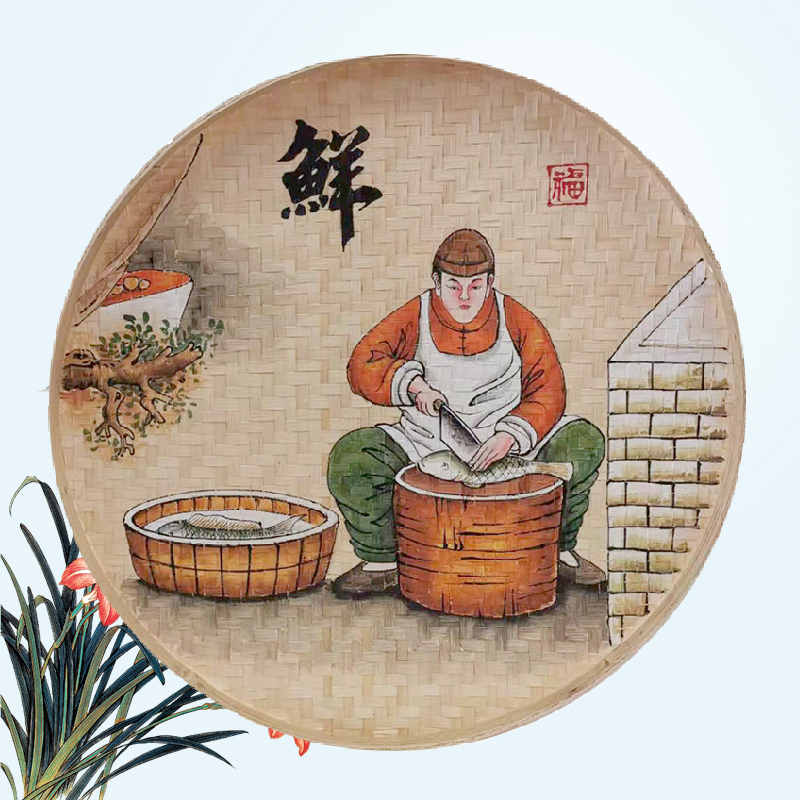 手绘竹编簸箕画创意墙面装饰饭店农家乐圆形墙饰茶室墙壁挂饰挂件图片