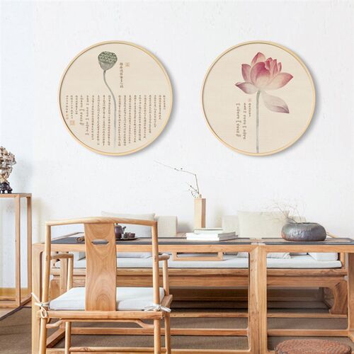 新中式装饰画心经挂画圆形玄关荷花墙画茶室壁画国风禅意吉祥画