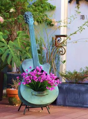 田园美式乡村铁艺做旧吉他花架创意布置家居露台阳台庭院装饰摆件