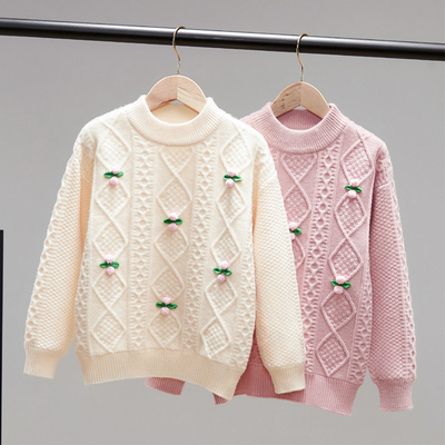 女童毛衣圆领套头2023秋冬针织衫中大童卫生衣打底衫加绒加厚低领