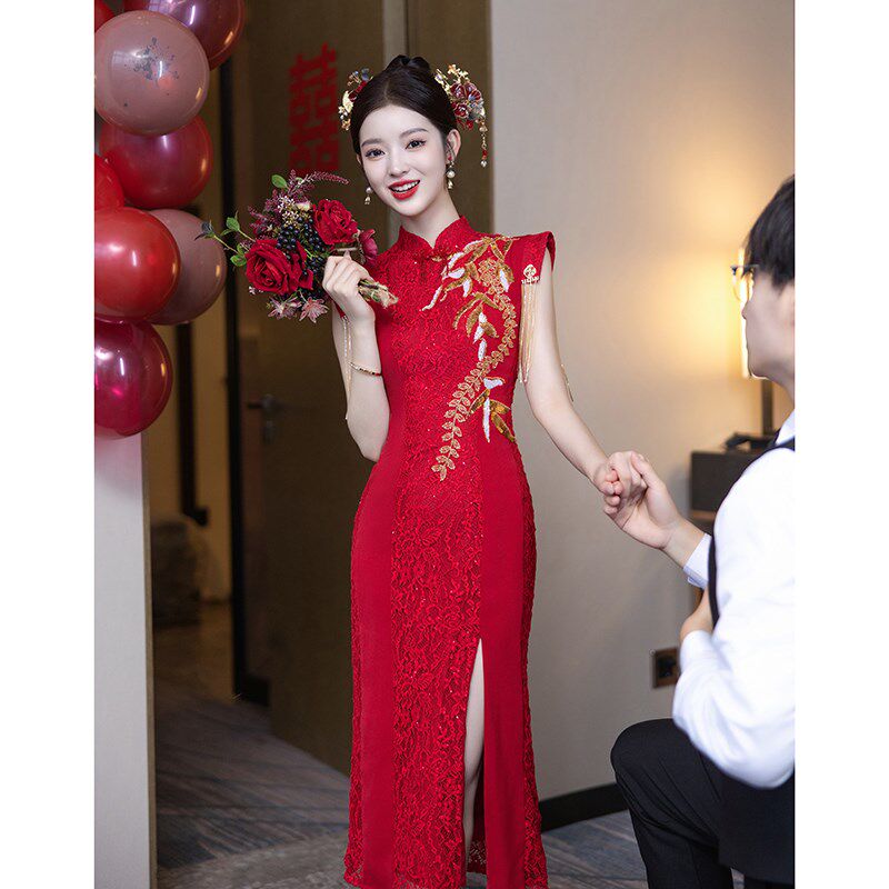 红色旗袍敬酒服新娘2024新款小个子订婚礼服裙女夏出阁宴晨袍显瘦