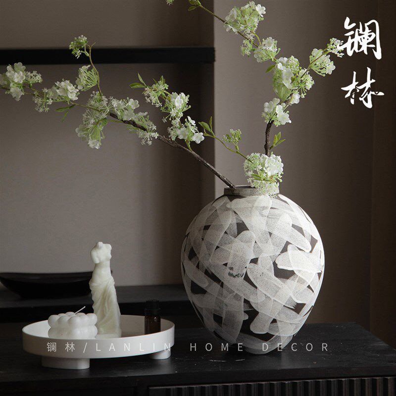 侘寂风禅意粗陶花瓶插干花水培复古怀旧凹瓶民宿酒店白色手工摆件
