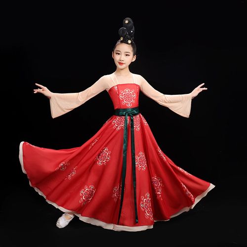 新款古典舞演出服装合唱裙中国歌伴舞修身大摆裙开场舞蹈服唐印服