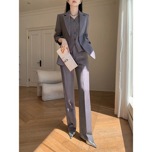 灰色西装套装女2024新款春秋款轻奢高级感小个子职业马甲西服外套