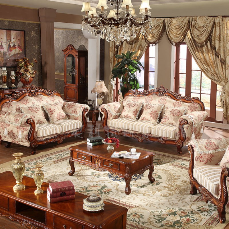 新款欧式布艺沙发 欧式实木客厅组合田园雕刻小户型布沙发可拆洗