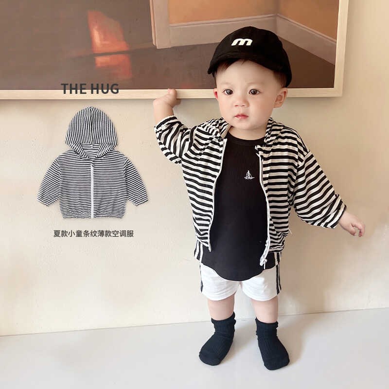 儿童夏季薄款防晒衣宝宝空调服黑白横条纹连帽长袖柔软超薄衣服